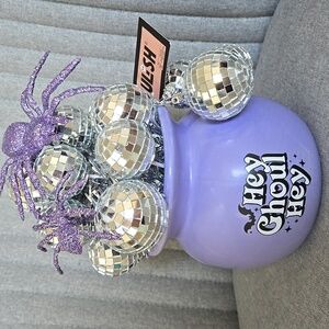 Purple Halloween Cauldron with Silver Disco Ball Ornaments, Ghoulish, NWT